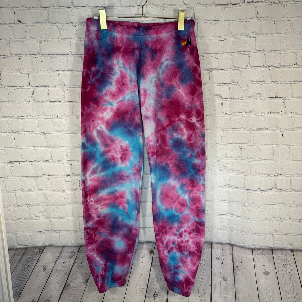 Aviator Nation Womens Tie Dye Sweatpants Pink Blue Purple Rainbow Logo Medium